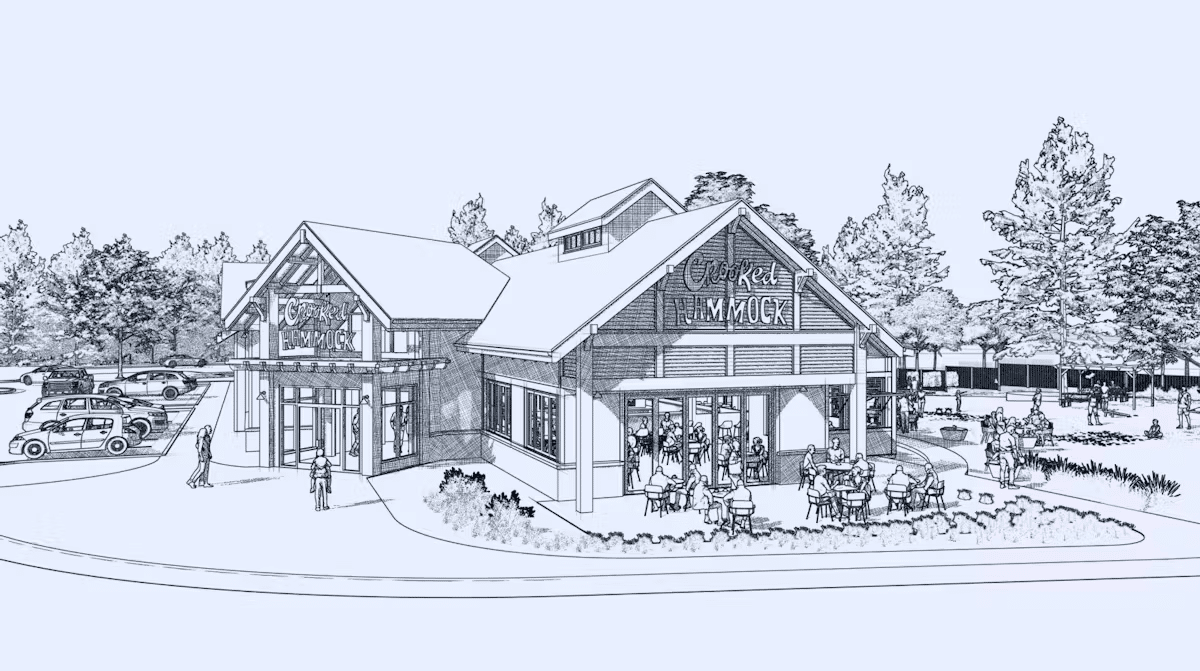 Architectural sketch of a Crooked Hammock restaurant featuring outdoor dining, a parking area, and surrounding trees.