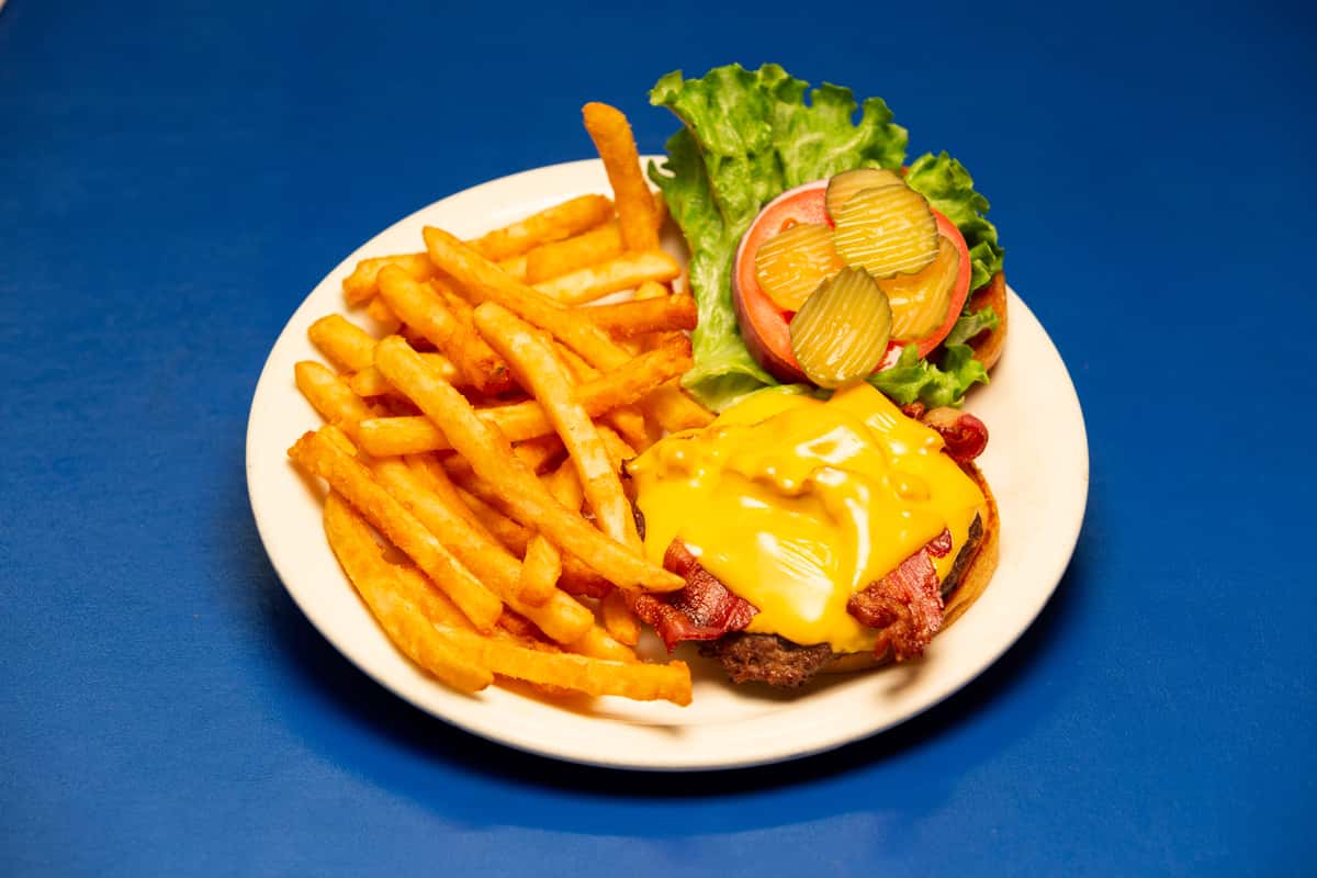 open burger and fries