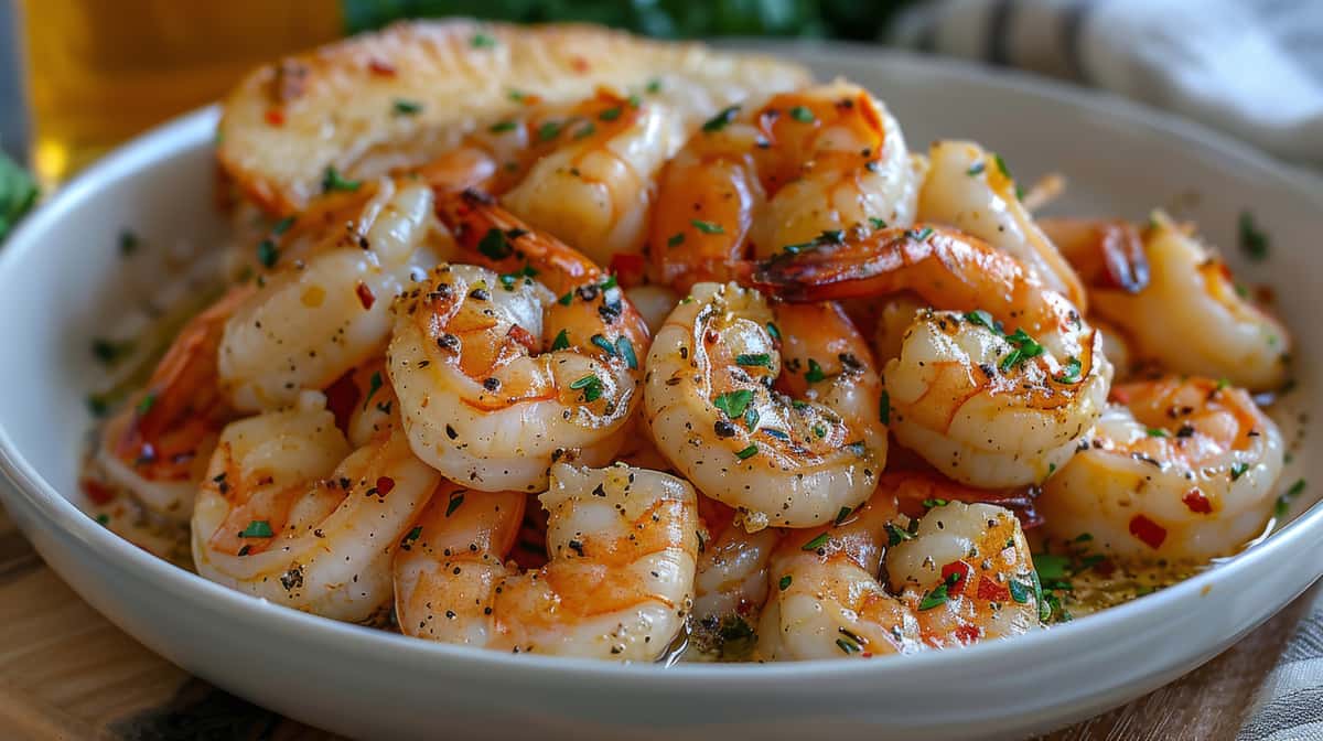 White bowl filled with shrimp