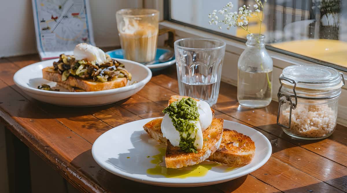 Poached eggs topped with pesto served on toast at a sunlit table.