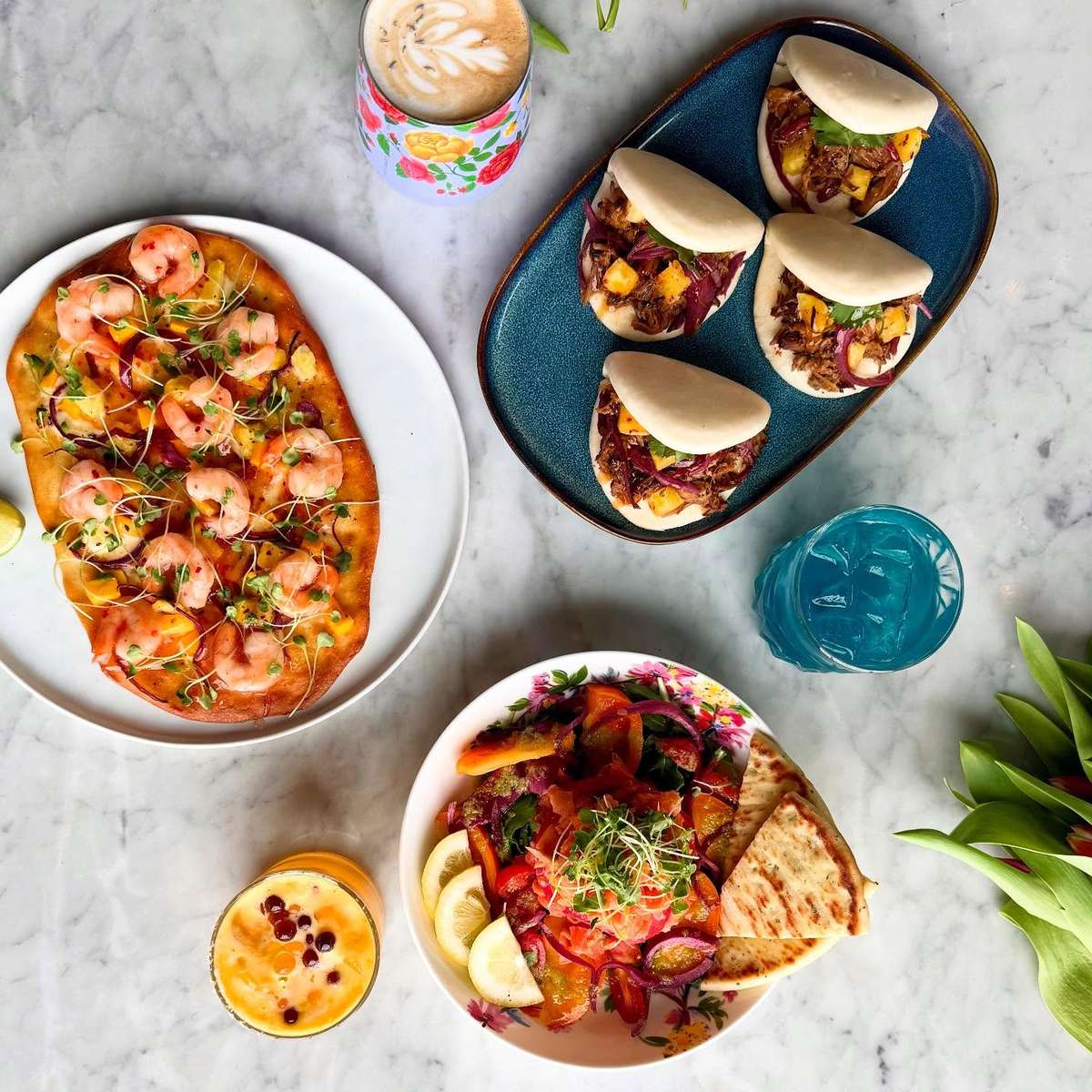 Our Hawaiian Bao Buns, Ko Olina Shrimp Flatbread, Lomi Lomi Hawaiian Smoked Salmon Salad, Passion Fruit Margarita, Surfs Up Cocktail and Lavender Latte