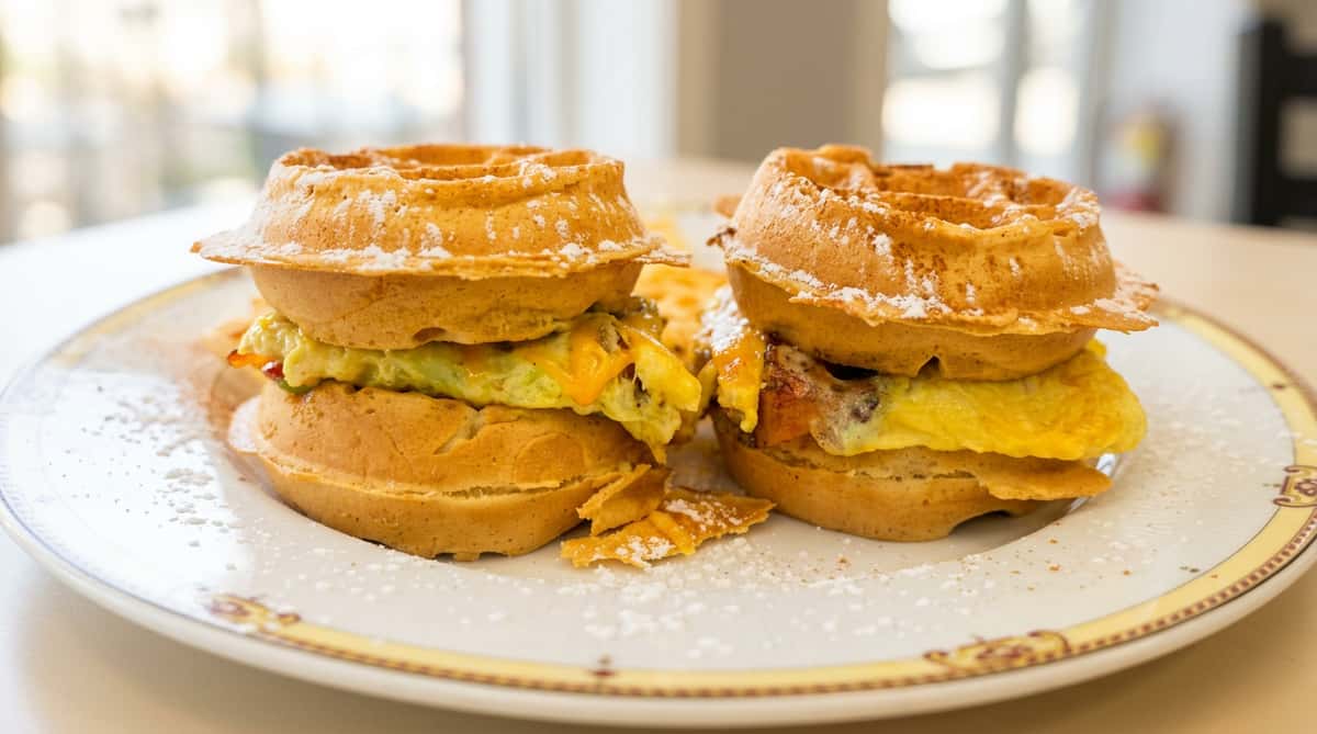 Two waffle sandwiches with scrambled eggs and melted cheese, dusted with powdered sugar, on a white plate.