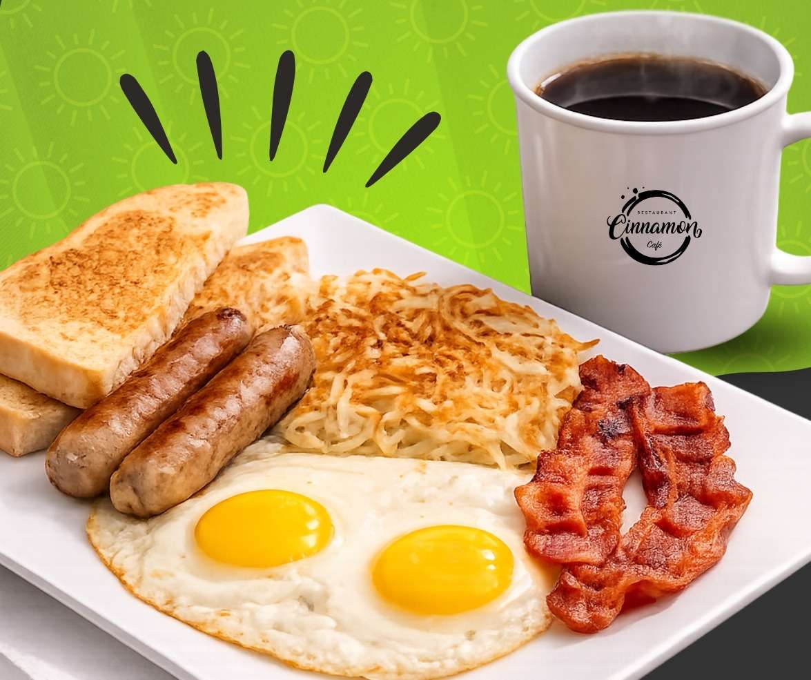Classic breakfast platter with eggs, bacon, sausage, hash browns, toast, and coffee at Cinnamon Restaurant Café.