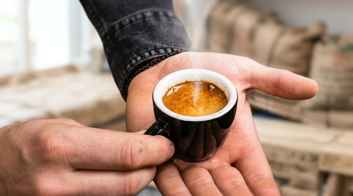 A person's hands cup a small black espresso cup with white rim, filled with dark brown coffee and crema.