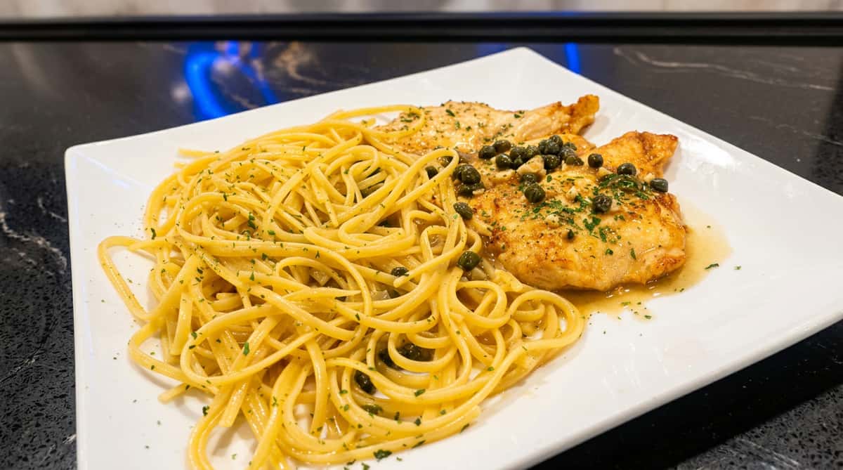 Chicken piccata with capers and chopped parsley, served alongside spaghetti on a white rectangular plate.