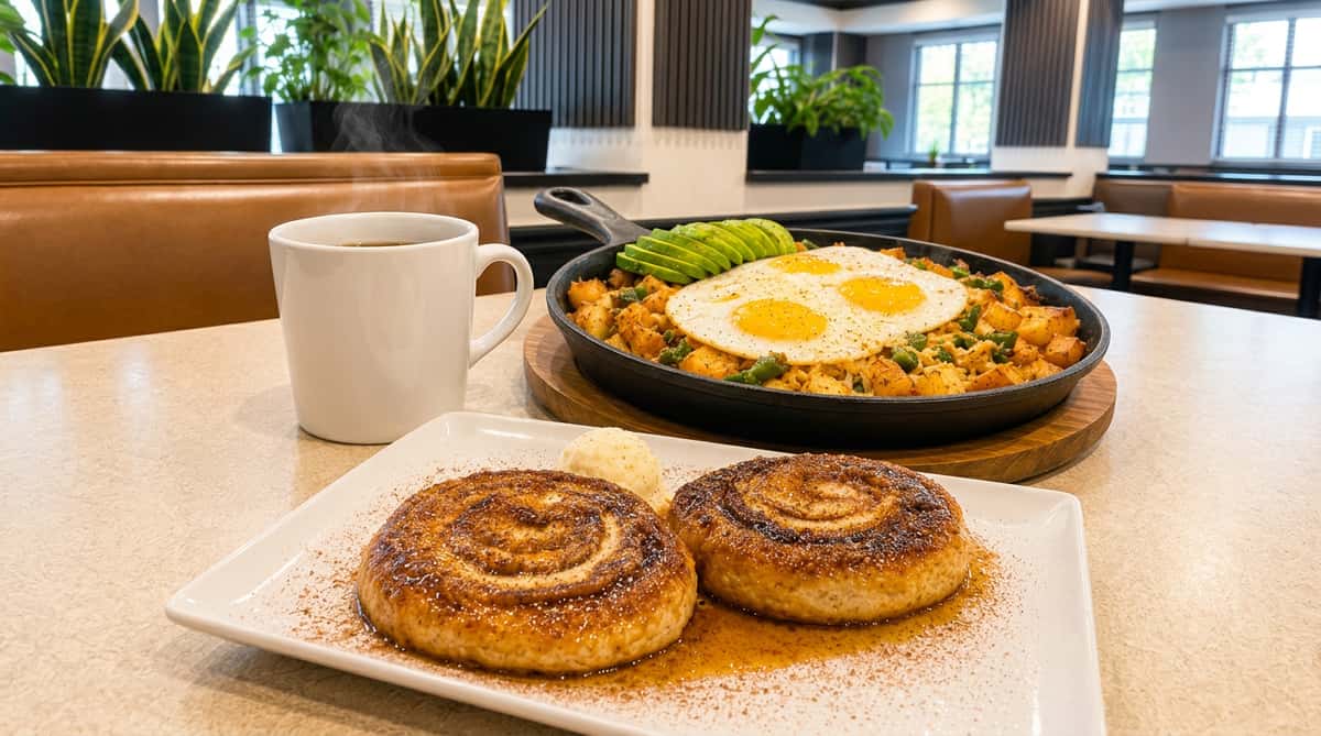Breakfast spread with a coffee mug, skillet hash with eggs and avocado, and two cinnamon rolls with syrup and ice cream.