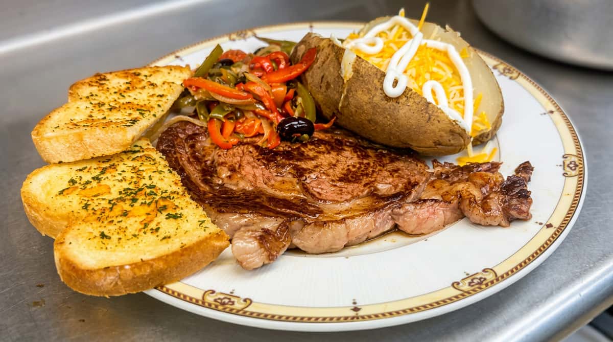Grilled steak with sautéed peppers and onions, a loaded baked potato, and garlic bread on a white plate.