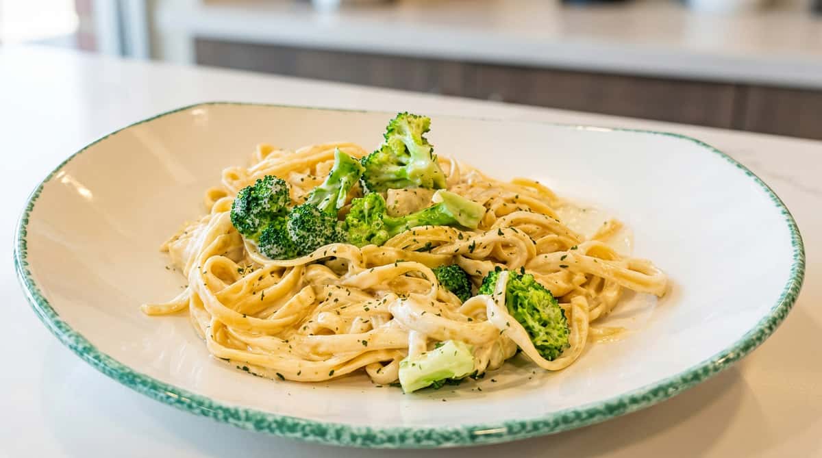 Fettuccine Alfredo with broccoli florets and chicken pieces, garnished with herbs, on a white plate.