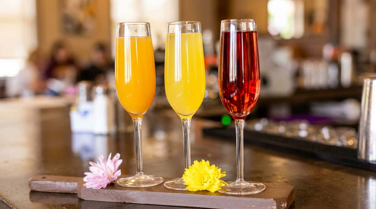 Three champagne flutes, two with yellow beverages and one with a red beverage, on a wooden tray with flowers.