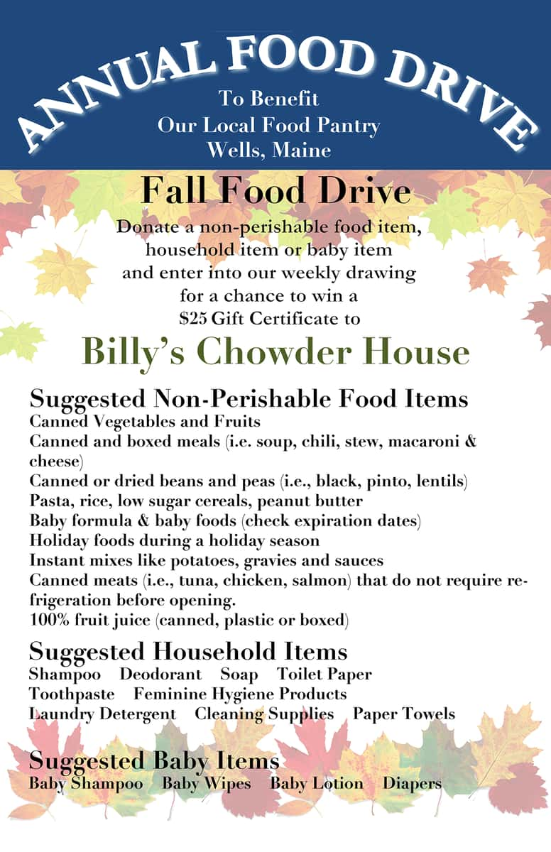 food-drive - Billy's Chowder House - Seafood Restaurant in Wells, ME