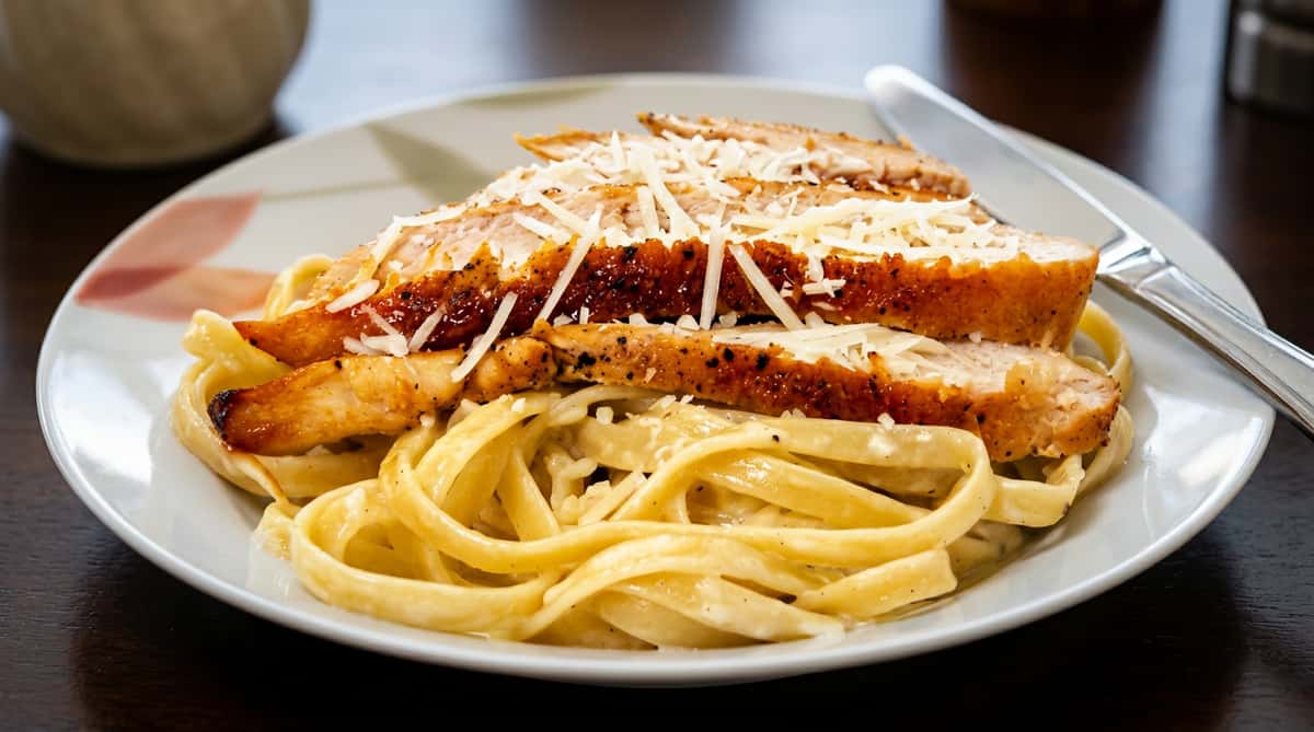 Fettuccine Alfredo with sliced chicken breast and shredded Parmesan cheese on a white plate.