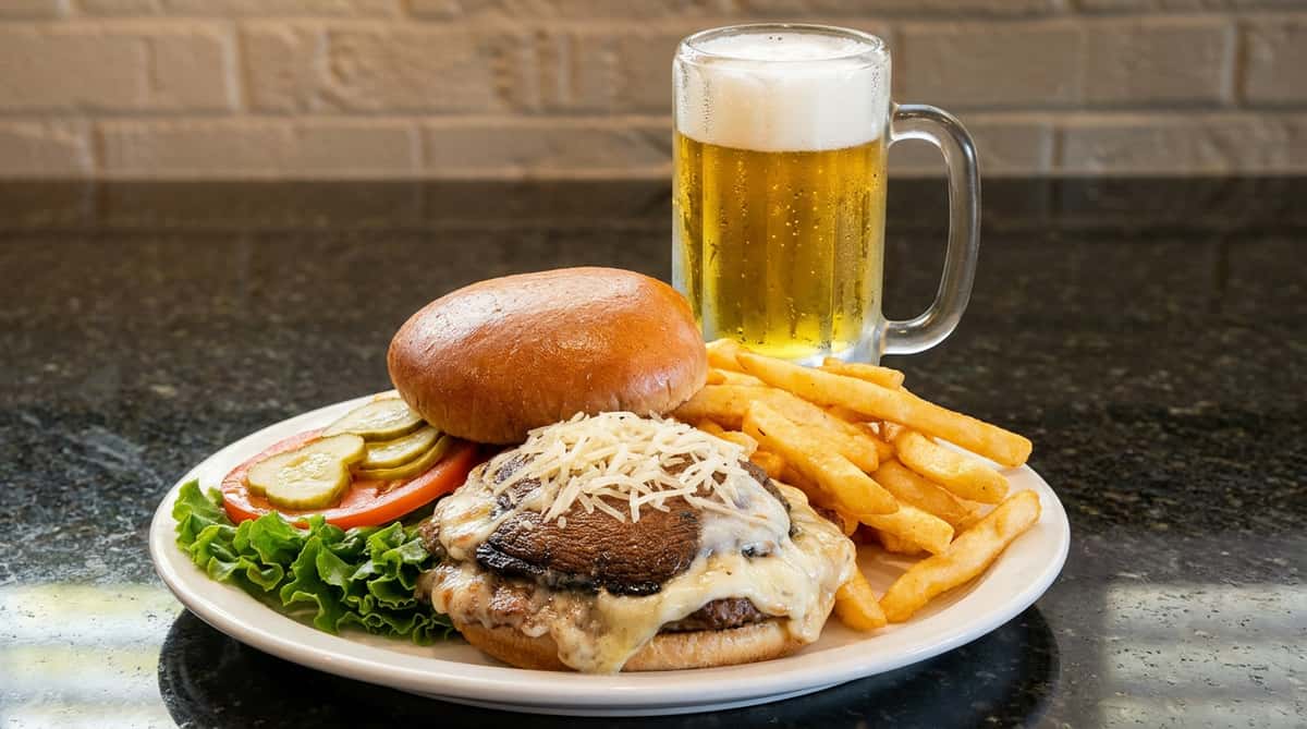 Mushroom burger with melted cheese and shredded parmesan, served with fries, lettuce, tomato, and pickles, next to a mug of beer.