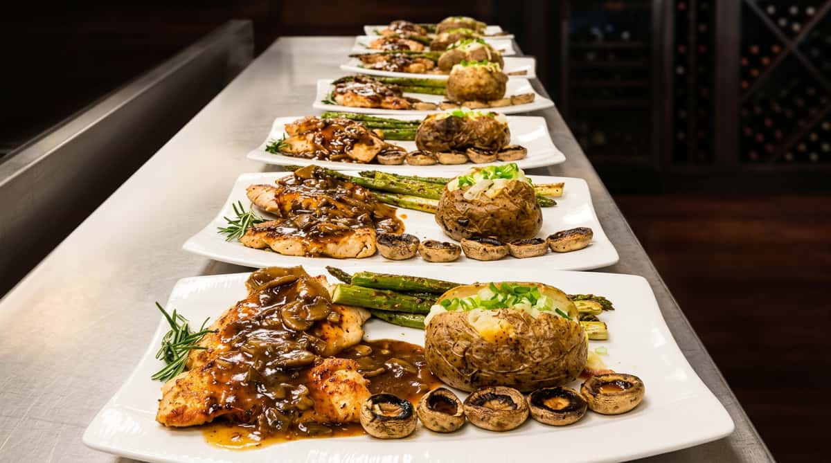 Multiple plates of chicken with mushroom sauce, asparagus, baked potato, and sliced mushrooms.