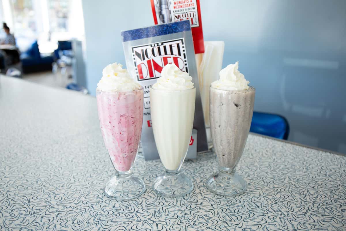 Hand-spun milkshakes, malts, sundaes and ice cream at The Nicollet Diner. Classics plus the Butterface, Campfire, Lady Godiva, and Banana Split shake.