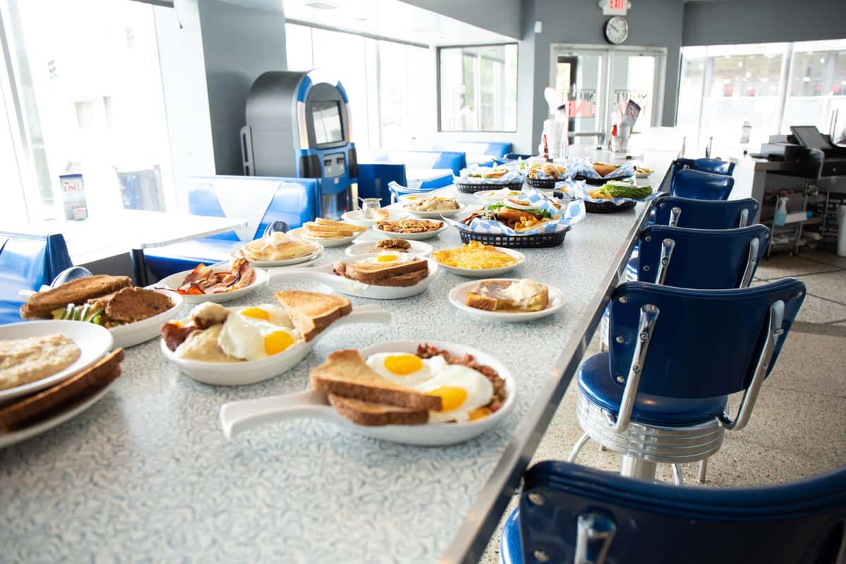Breakfast all day at a downtown Minneapolis diner: eggs, hash browns, Seriously French Toast, Dion’s Omelet, and coffee that does not clock out.