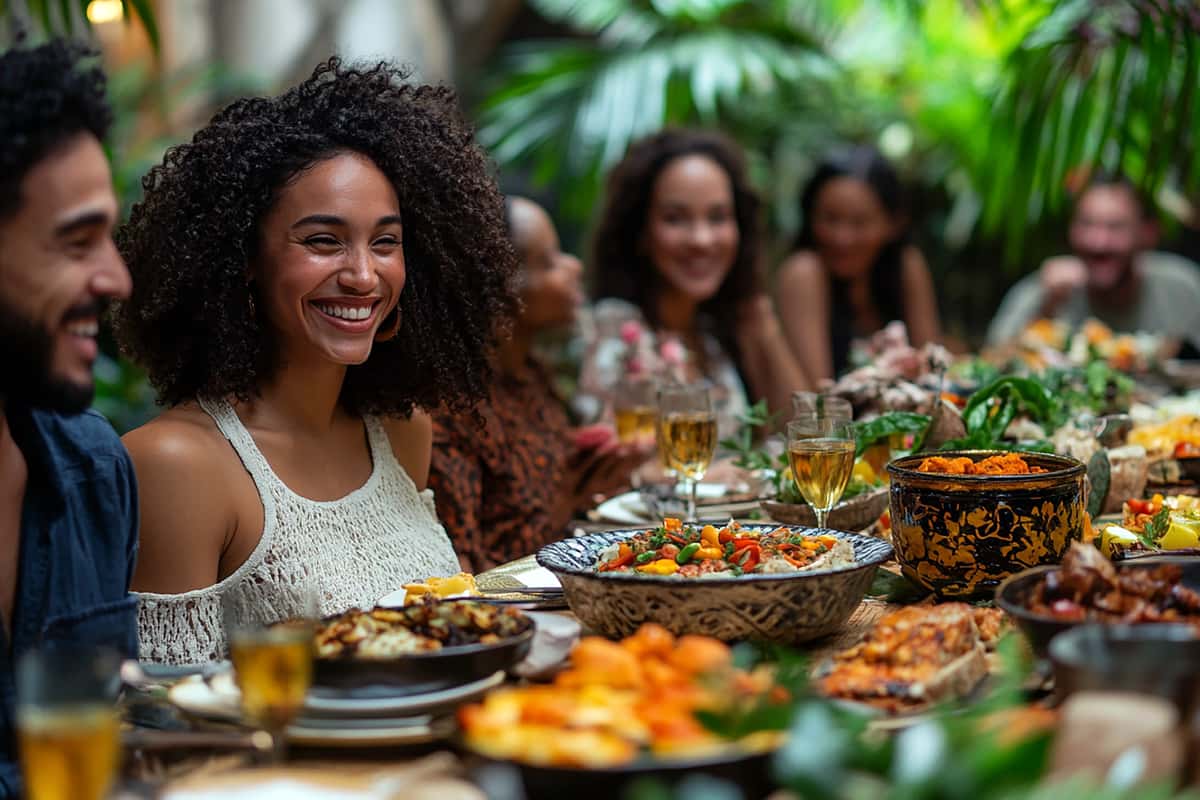 Diverse group enjoying New American and European cuisine at a lush, vibrant Atlanta hookah lounge