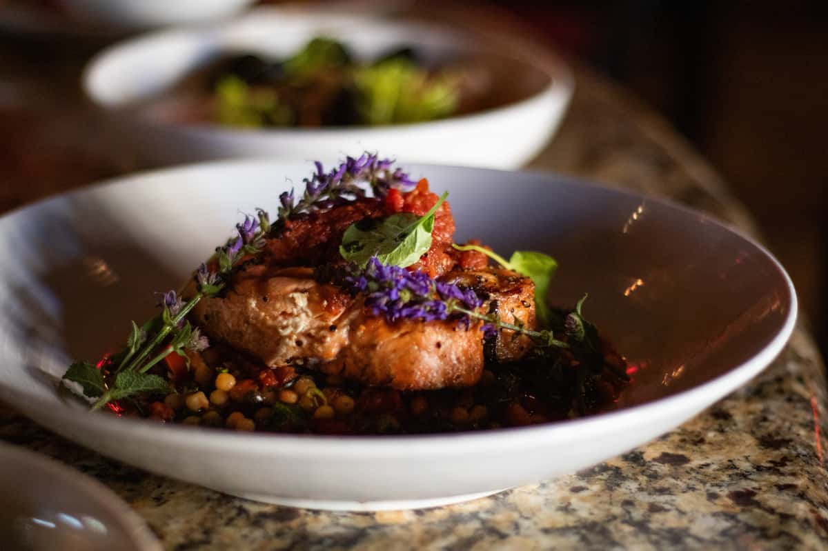 Closeup of a salmon dish