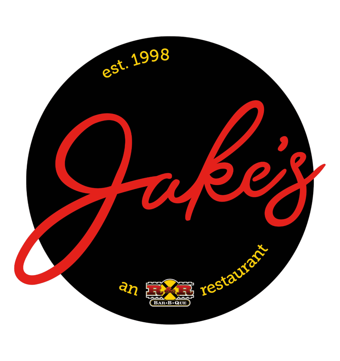 Here's the logo for Jake's an R&R Bar-B-Que restaurant. The logo consists of a red script "Jake's" on a black circle, with the text "est. 1998" and "an R&R restaurant BAR-B-QUE".