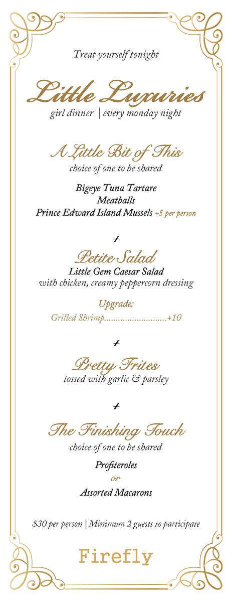 Firefly Girl Dinner prix fixe menu with featured dishes, cocktails, and wine pairings.