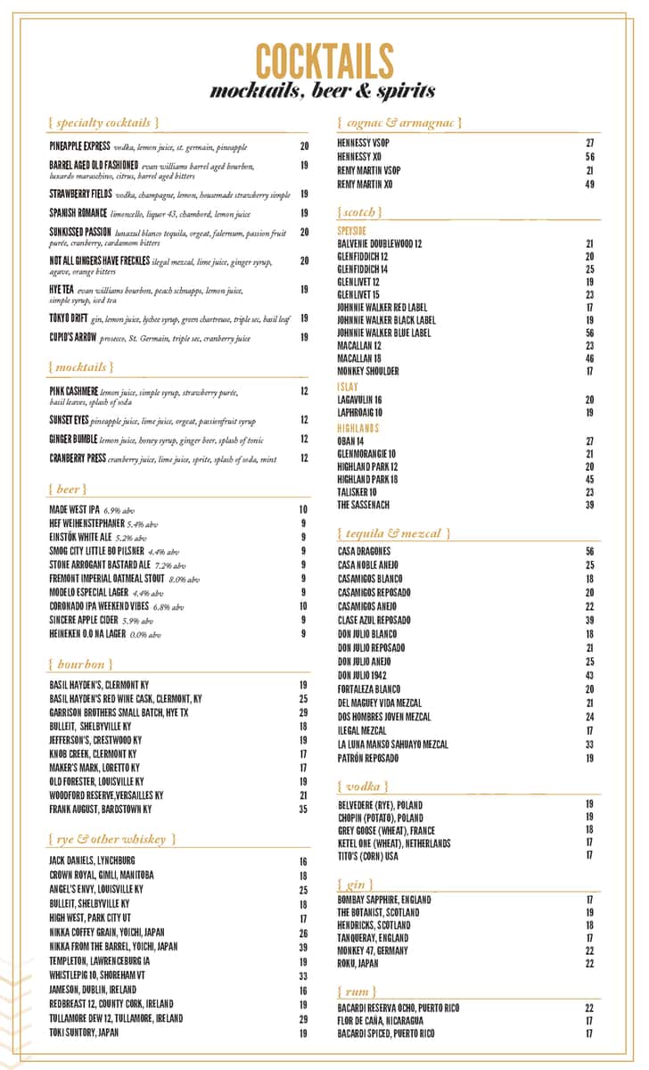 cocktails, beers, and spirits