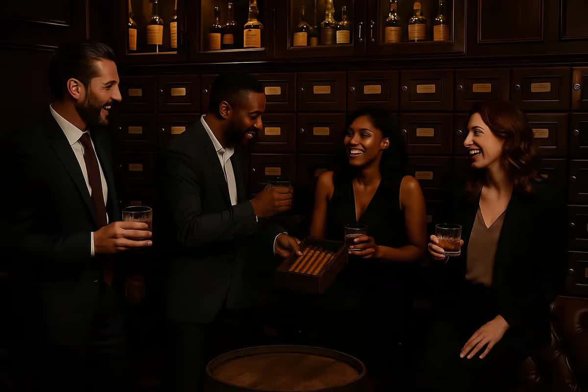 A group of four friends, two men and two women, enjoy a moment together with drinks, laughter, and cigars, surrounded by locker shelves.