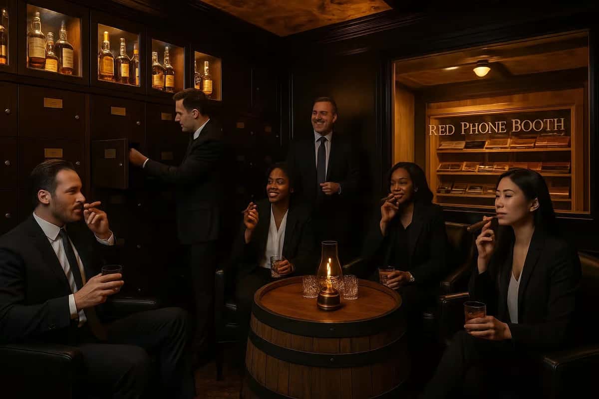 A group of six individuals, dressed in formal attire, gather in a cozy lounge, enjoying cigars and drinks in a private setting.