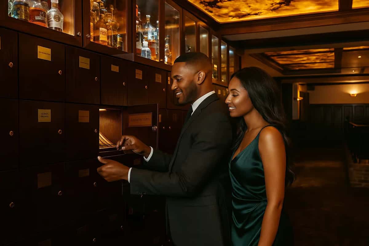 A couple smiles as the man retrieves a cigar from a locker, while the woman stands beside him, both enjoying the moment.