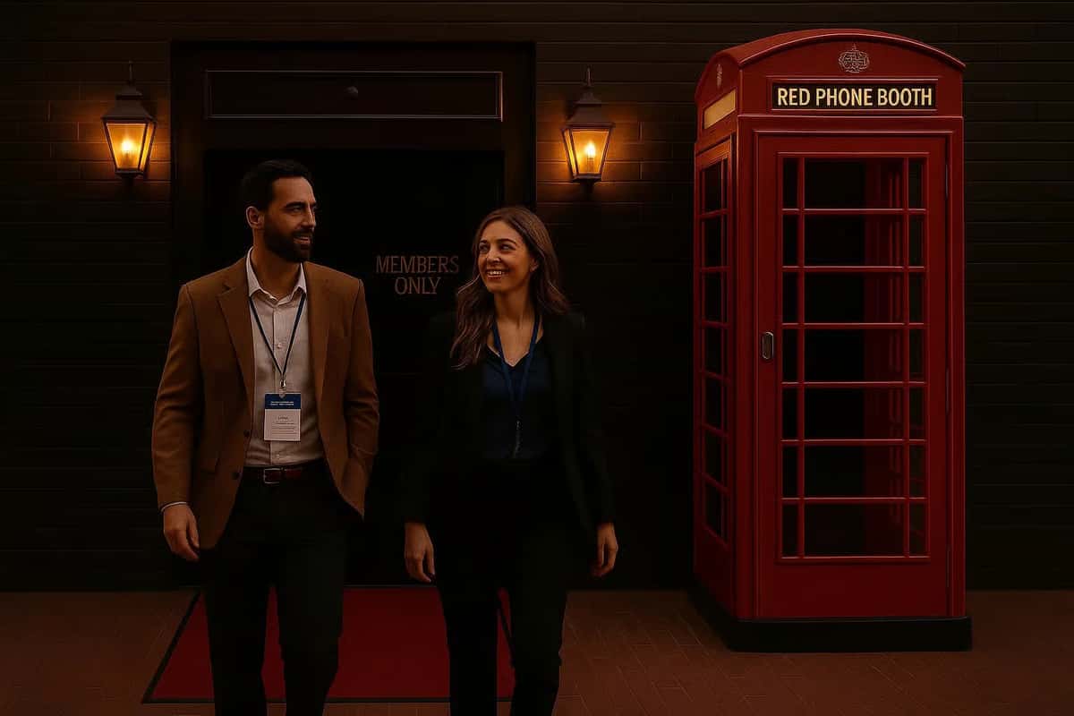 A man and a woman walk past a red phone booth, smiling and conversing, with a "MEMBERS ONLY" sign visible on the door behind them.