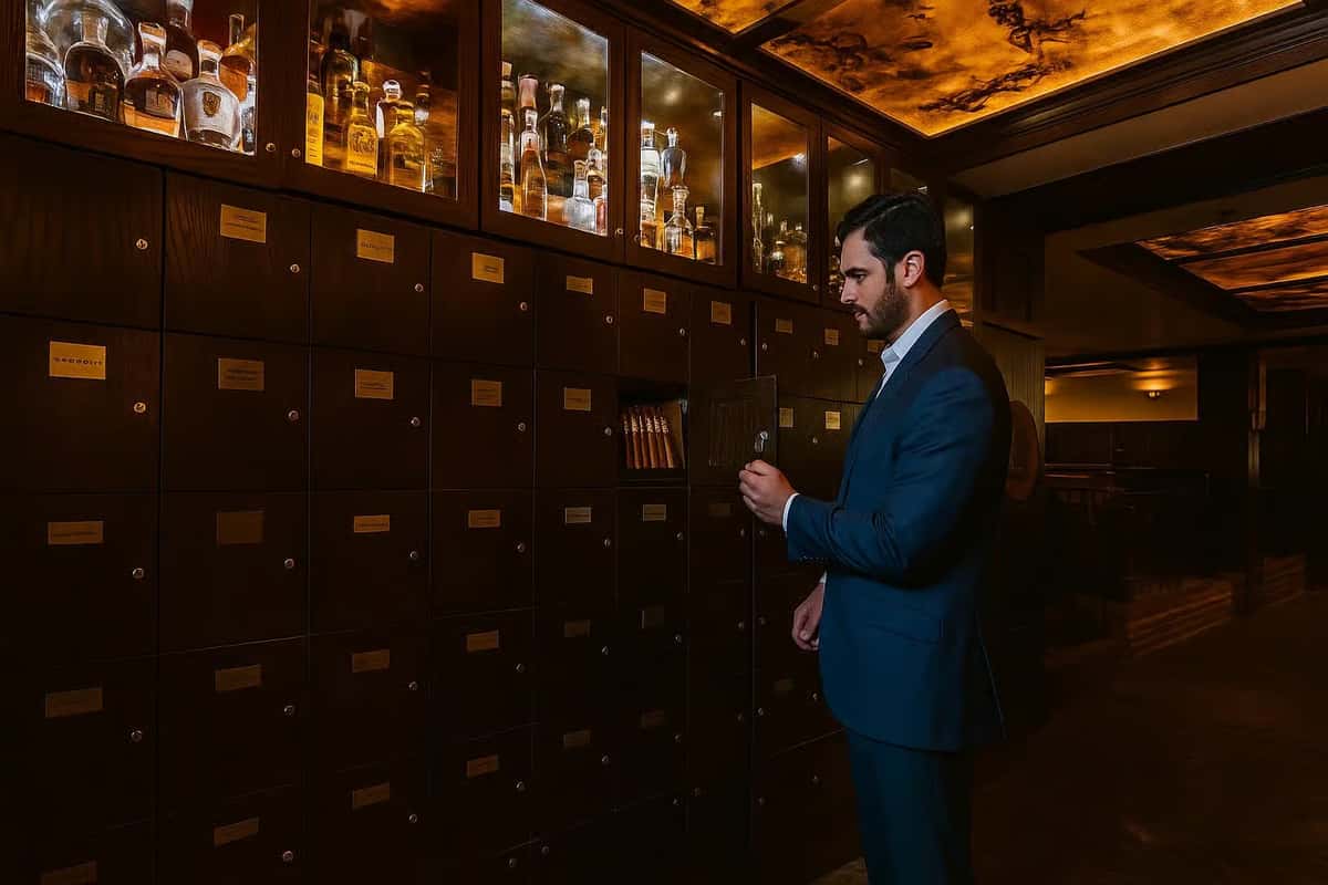 A man in a blue suit stands at a locker, selecting a cigar, with bottles of liquor displayed in a cabinet above.