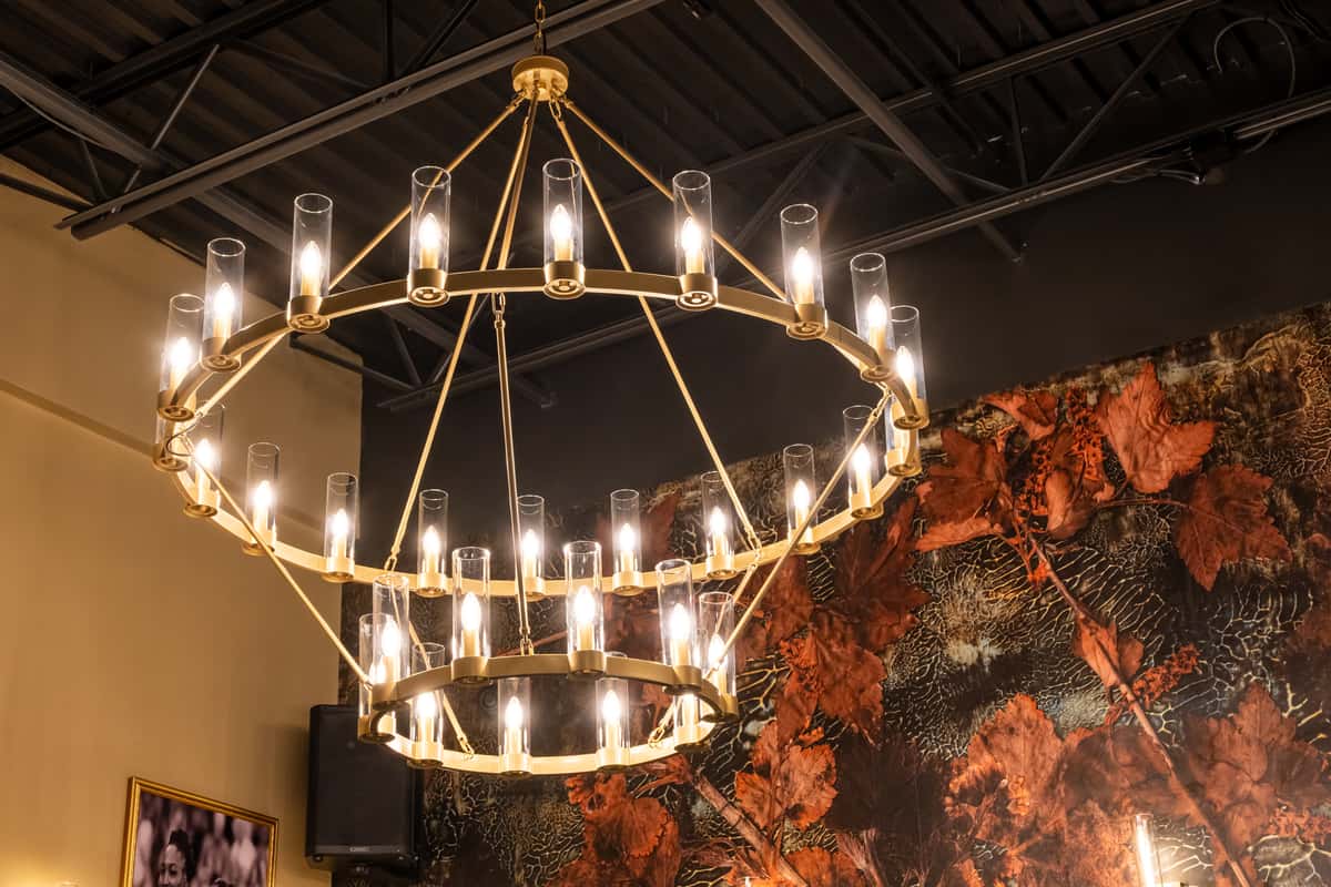 Elegant double-ring gold chandelier with exposed bulbs and glass covers, suspended from a high industrial ceiling above a dramatic botanical mural with deep red leaves—ideal for luxury restaurant or upscale lounge ambiance.