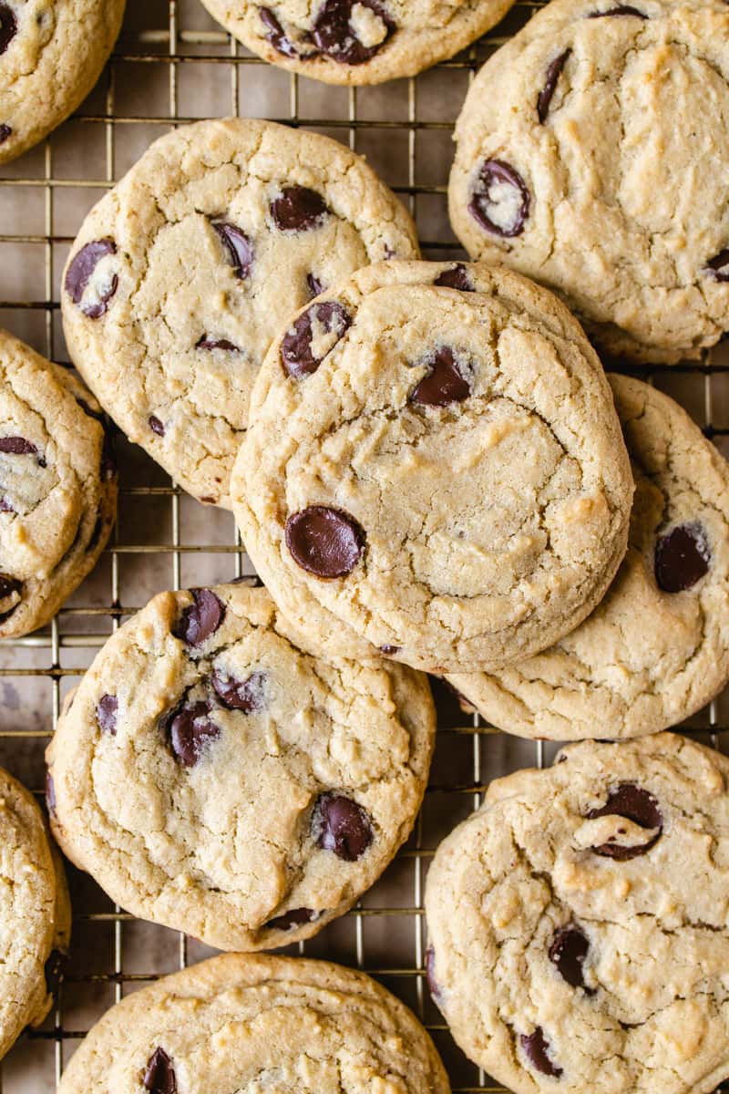 Classic chocolate chip cookies cooling on a wire rack, highlighting golden-brown homemade bakery cookies with soft centers and crisp edges.