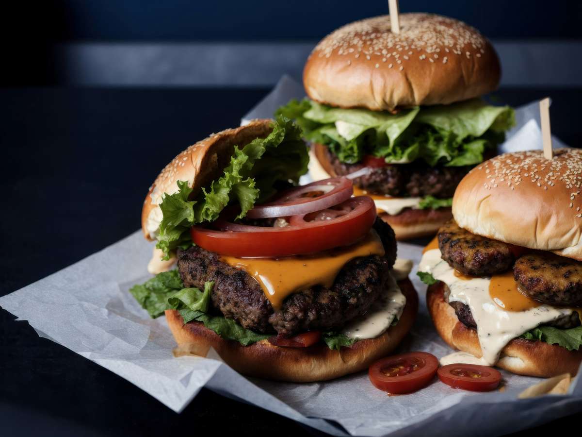 Three cheeseburgers with beef patties, melted cheddar, lettuce, tomato, and sauce on sesame buns, served on parchment paper.