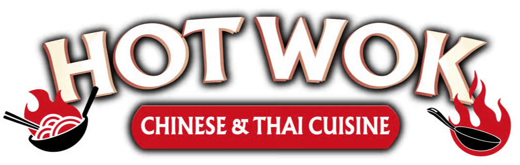 Logo for "Hot Wok" featuring bold text and flames, representing Chinese and Thai cuisine with a fiery, flavorful appeal.