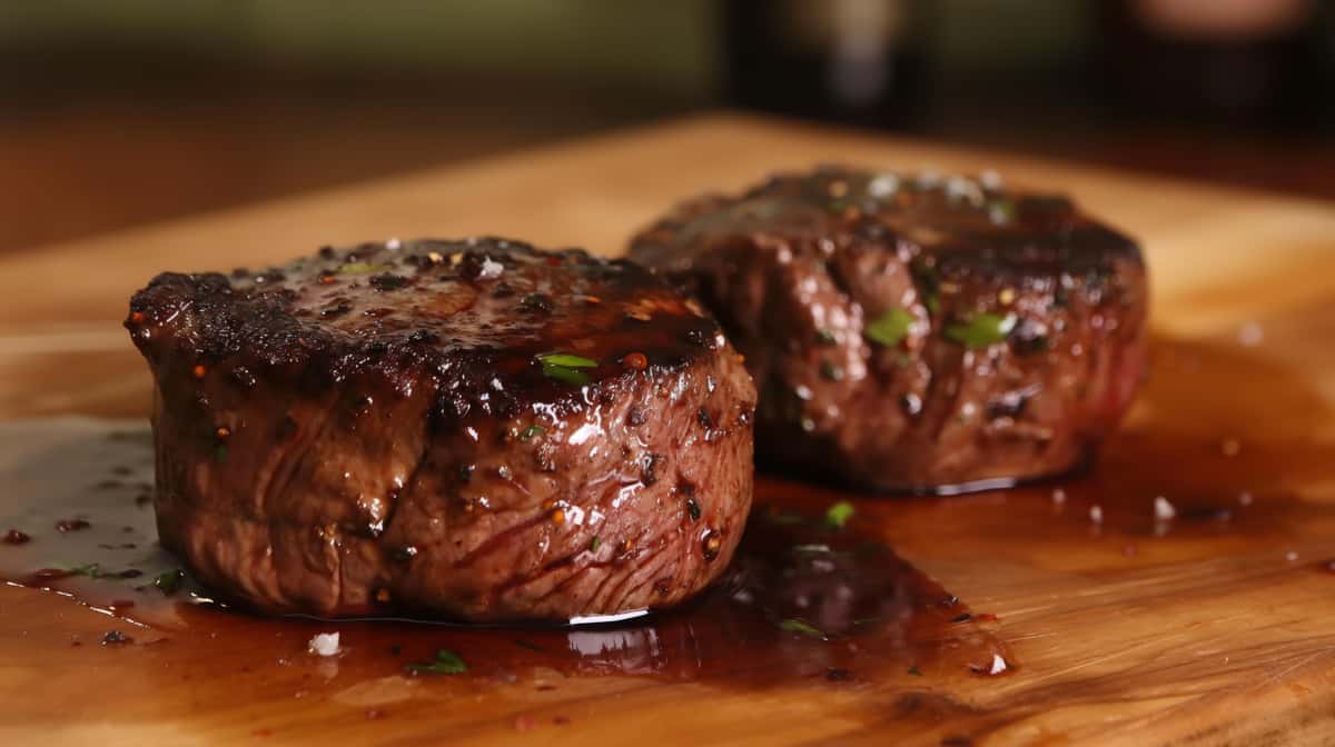 Two thick, round cuts of grilled steak (filet mignon) served on a wooden board.