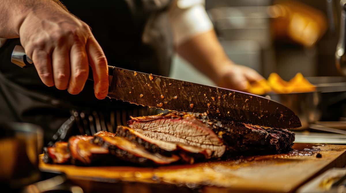 A chef using a long knife to slice a piece of smoked brisket on a wooden cutting board.