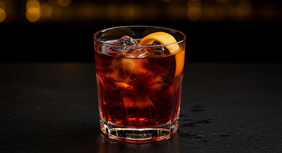 A short glass filled with a dark amber cocktail (likely a Negroni) and a large ice cube, garnished with an orange peel.