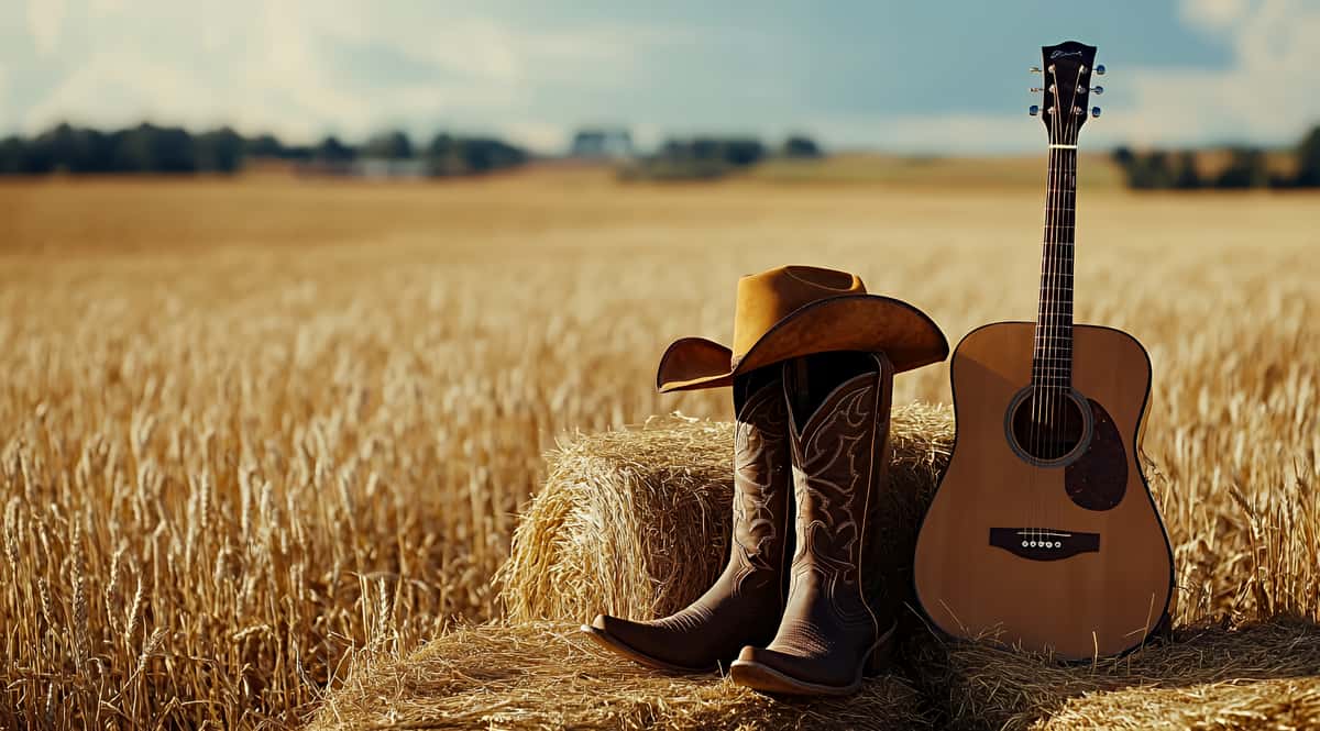 A pair of cowboy boots and an acoustic guitar resting against hay bales in a field.