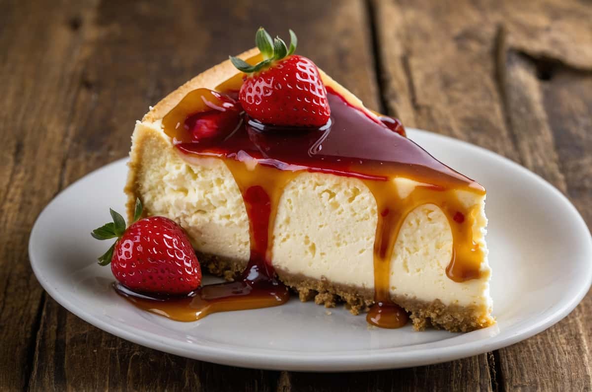 A slice of cheesecake topped with strawberry sauce and a fresh strawberry on a white plate.