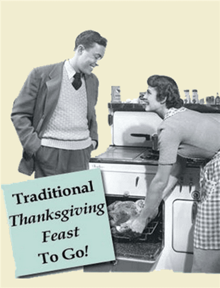Old image of man and woman in front of an oven, with a thanksgiving turkey