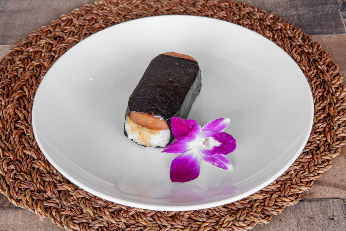 Spam musubi with teriyaki glaze and furikake at Kalei's Kitchenette, a Hawaiian classic in San Diego