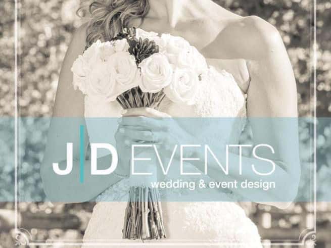 Photo of a bride holding a bouquet with the text JD Events Wedding & Event Design