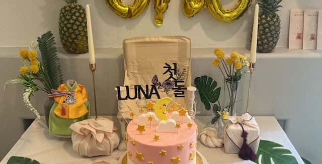 A baby shower cake on a decorated table