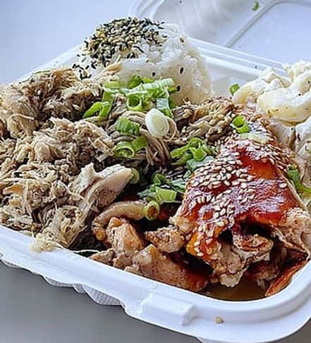 A takeout tray of Hawaiian food from Kalei's Kitchenette