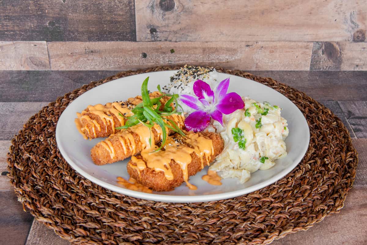 Panko-breaded tofu katsu with sriracha aioli at Kalei's Kitchenette, vegetarian Hawaiian cuisine in San Diego