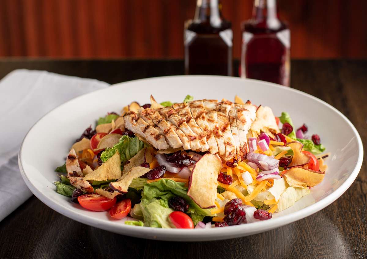 Grilled chicken salad with cheddar, cranberries, red onion, cherry tomatoes, and crispy apple chips in white bowl.