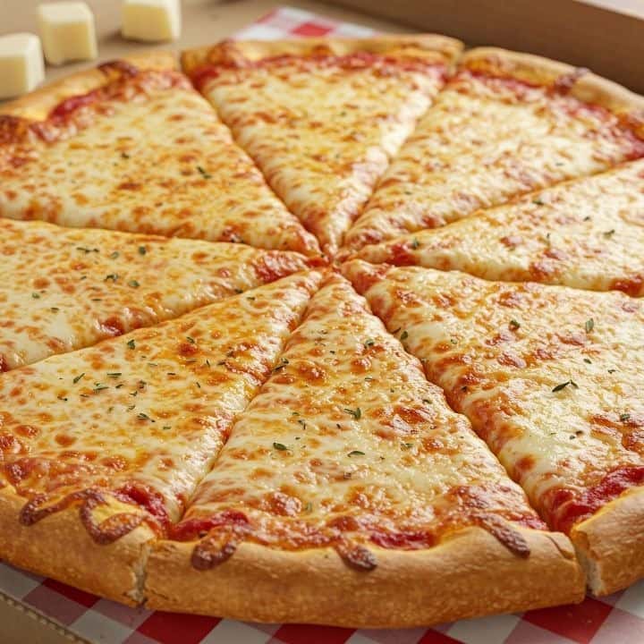 Sliced cheese pizza with a golden crust, topped with melted mozzarella and a sprinkle of herbs.