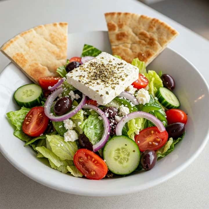 Greek salad with romaine, cherry tomatoes, cucumber, olives, red onion, feta cheese, and pita bread slices in a white bowl.