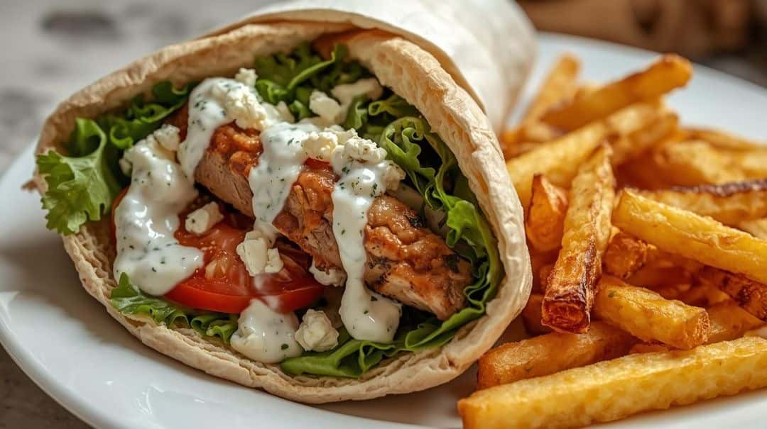 Grilled chicken wrap with lettuce, tomato, feta, and tzatziki sauce, served with golden, crispy French fries.