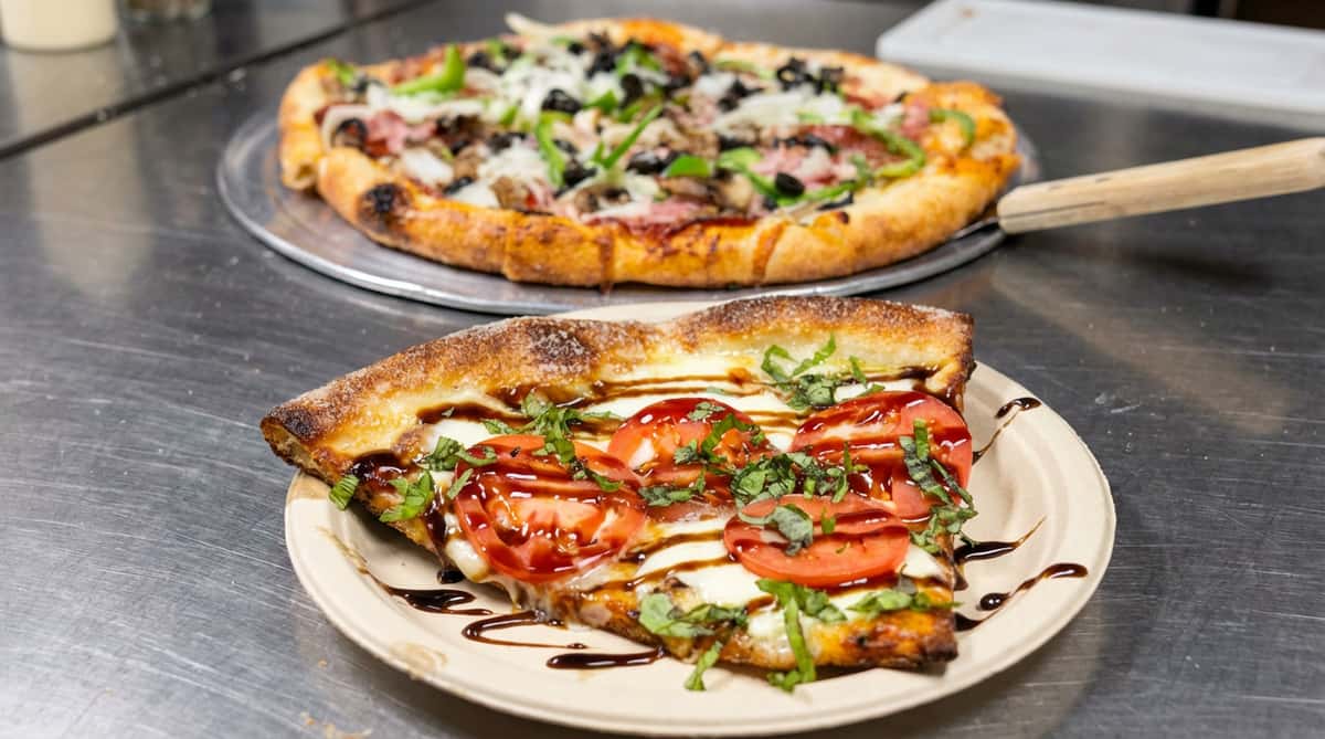 A slice of pizza with tomatoes, mozzarella, basil, and a balsamic glaze on a plate, with a whole pizza in the background.