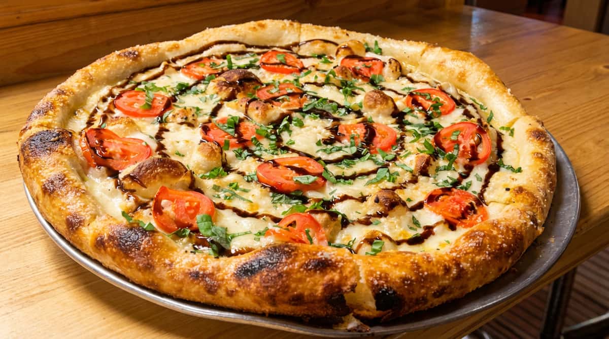 Pizza with mozzarella, tomato slices, basil, and a balsamic glaze drizzle on a metal pan.